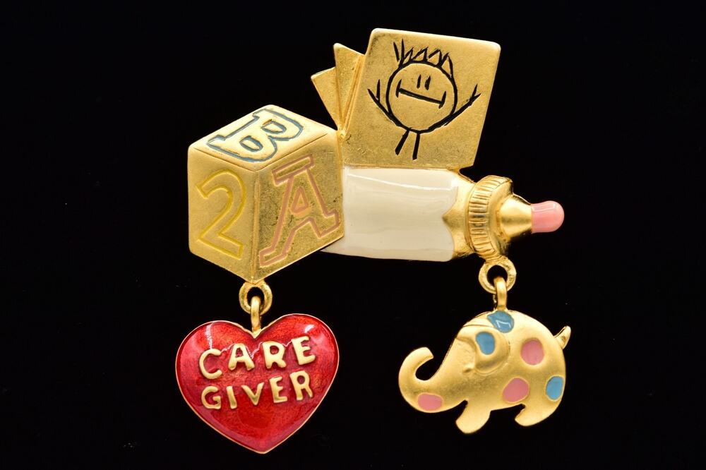 Tara Vintage Caregiver Baby Bottle Brooch Pin Gold Heart Elephant Dangle Bin5B